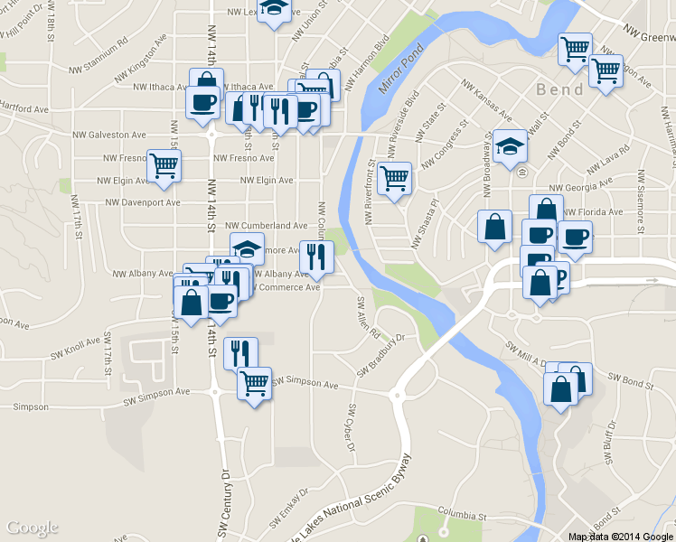 map of restaurants, bars, coffee shops, grocery stores, and more near 920 Northwest Albany Avenue in Bend