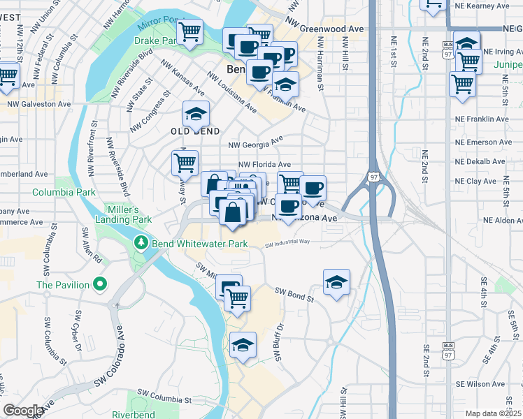 map of restaurants, bars, coffee shops, grocery stores, and more near 12 Northwest Lava Road in Bend