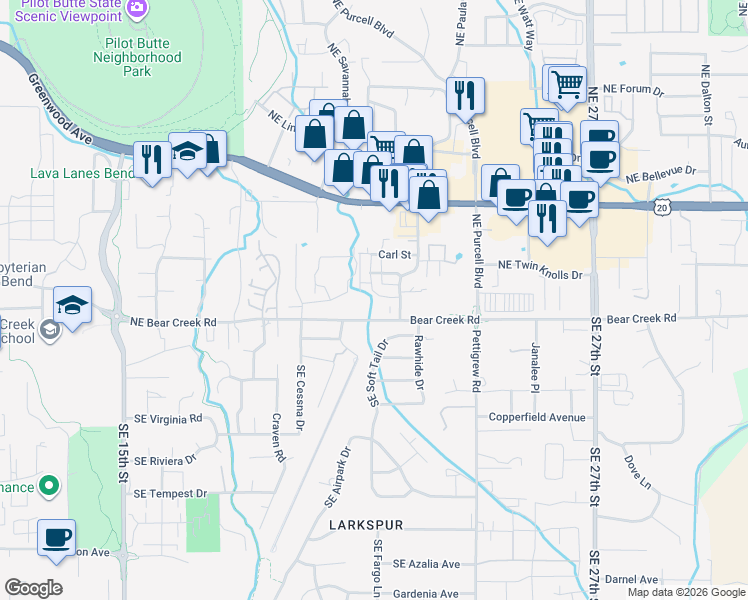 map of restaurants, bars, coffee shops, grocery stores, and more near 62001 Northeast Nate's Place in Bend
