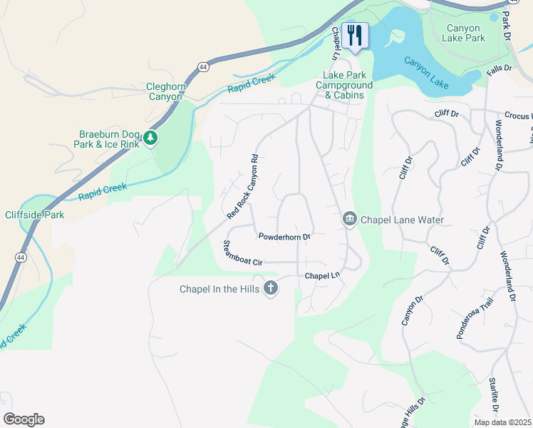 map of restaurants, bars, coffee shops, grocery stores, and more near 3505 Powderhorn Circle in Rapid City