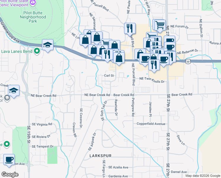 map of restaurants, bars, coffee shops, grocery stores, and more near 62015 Dean Swift Road in Bend