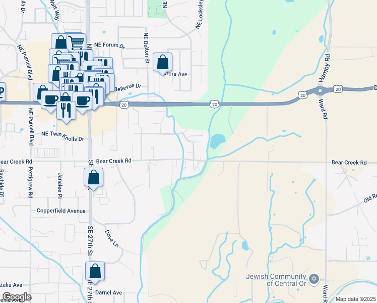 map of restaurants, bars, coffee shops, grocery stores, and more near 62009 Dantili Road in Bend