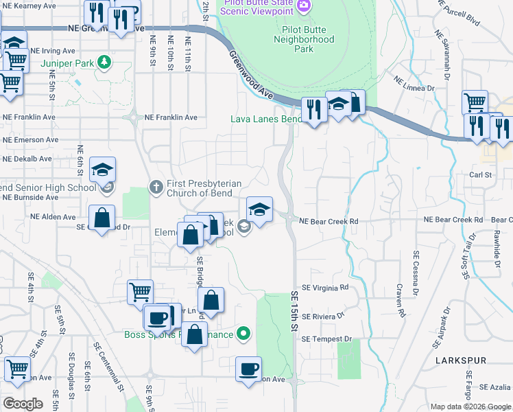 map of restaurants, bars, coffee shops, grocery stores, and more near 1385 Northeast Bear Creek Road in Bend