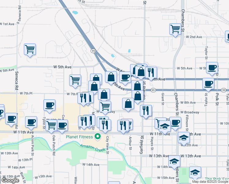map of restaurants, bars, coffee shops, grocery stores, and more near 2177 West 7th Place in Eugene