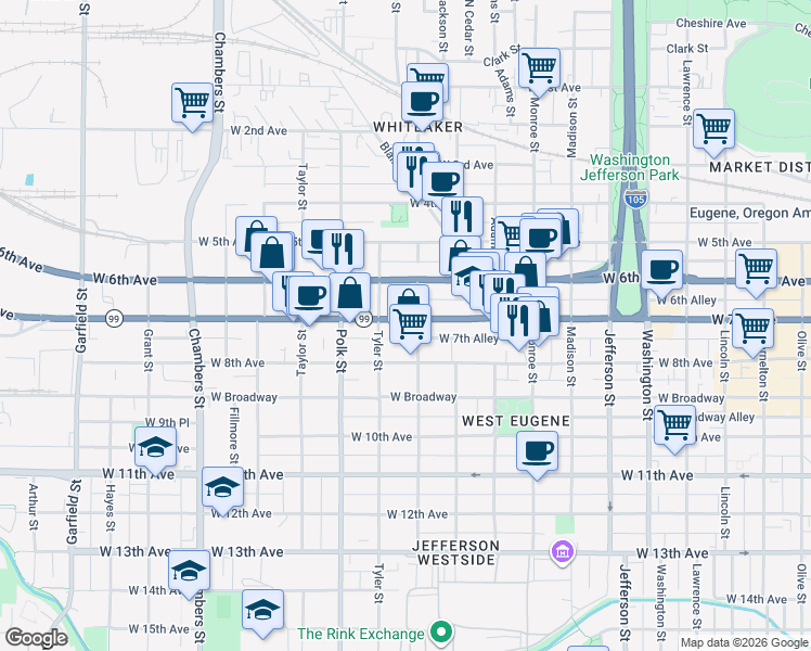 map of restaurants, bars, coffee shops, grocery stores, and more near 710 Van Buren Street in Eugene