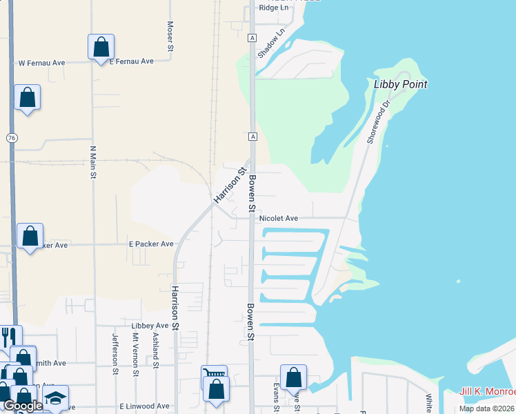 map of restaurants, bars, coffee shops, grocery stores, and more near 2820 Bowen Street in Oshkosh