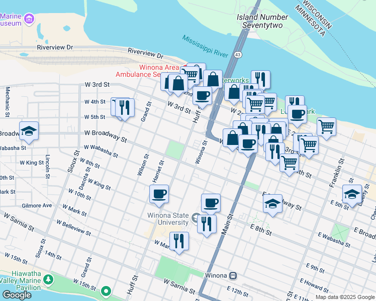 map of restaurants, bars, coffee shops, grocery stores, and more near 254 Huff St in Winona