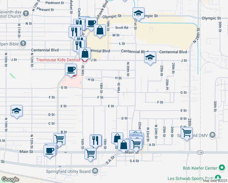 map of restaurants, bars, coffee shops, grocery stores, and more near 1879 G Street in Springfield