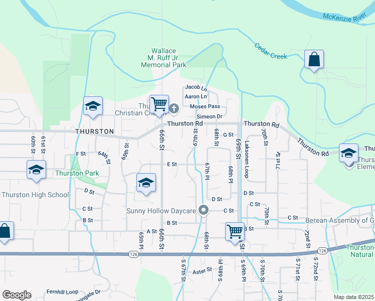 map of restaurants, bars, coffee shops, grocery stores, and more near 690 67th Street in Springfield