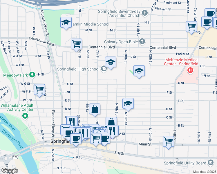 map of restaurants, bars, coffee shops, grocery stores, and more near 751 8th Street in Springfield