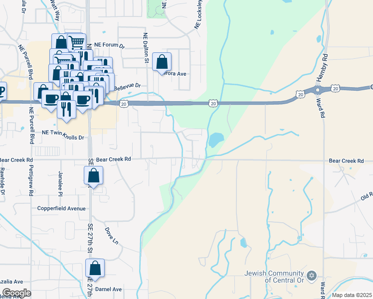 map of restaurants, bars, coffee shops, grocery stores, and more near 62009 Dantili Road in Bend