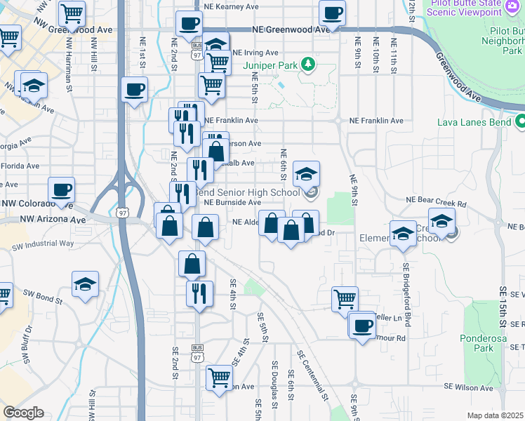 map of restaurants, bars, coffee shops, grocery stores, and more near 505 Northeast Burnside Avenue in Bend