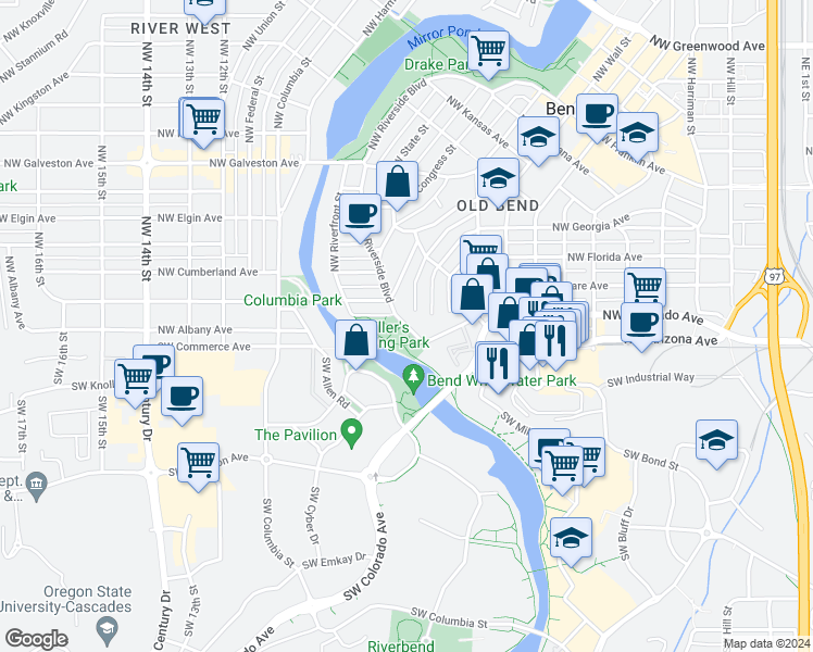 map of restaurants, bars, coffee shops, grocery stores, and more near 98 Northwest Riverside Boulevard in Bend