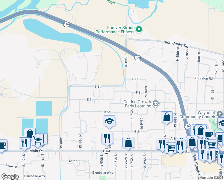 map of restaurants, bars, coffee shops, grocery stores, and more near 5081 G Street in Springfield