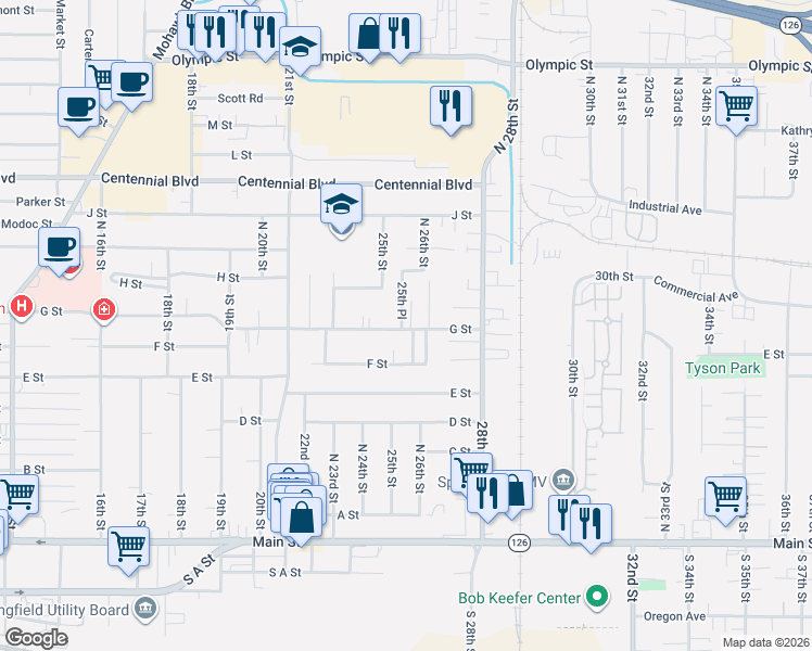 map of restaurants, bars, coffee shops, grocery stores, and more near 2570 G Street in Springfield