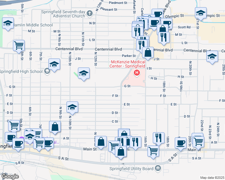 map of restaurants, bars, coffee shops, grocery stores, and more near 1331 G Street in Springfield