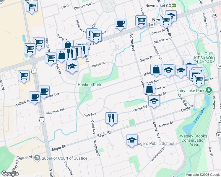 map of restaurants, bars, coffee shops, grocery stores, and more near 228 Millard Avenue in Newmarket