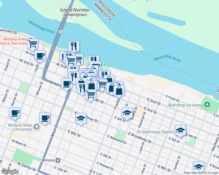 map of restaurants, bars, coffee shops, grocery stores, and more near 111 Market Street in Winona