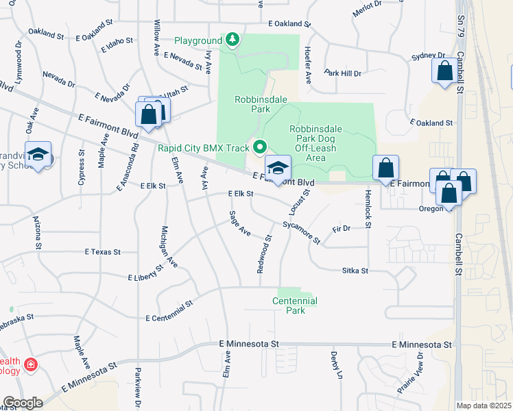 map of restaurants, bars, coffee shops, grocery stores, and more near 810 Sycamore Street in Rapid City
