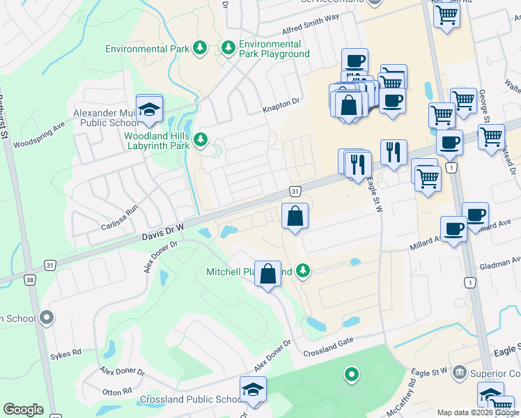 map of restaurants, bars, coffee shops, grocery stores, and more near 239 Harding Park Street in Newmarket