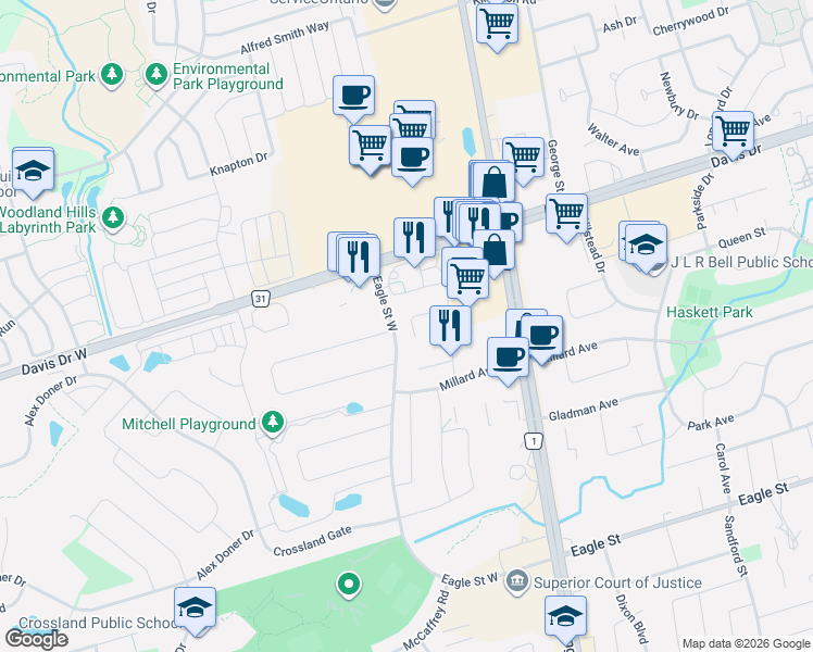 map of restaurants, bars, coffee shops, grocery stores, and more near 13 Eves Court in Newmarket