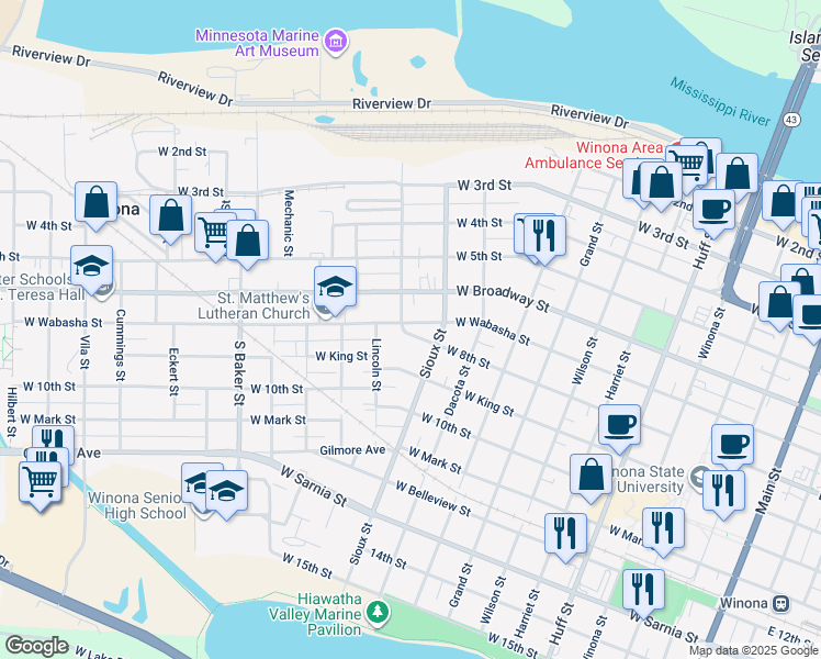 map of restaurants, bars, coffee shops, grocery stores, and more near 627 West Wabasha Street in Winona