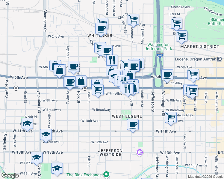 map of restaurants, bars, coffee shops, grocery stores, and more near 1000 West 7th Avenue in Eugene