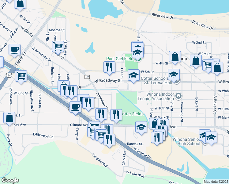 map of restaurants, bars, coffee shops, grocery stores, and more near 358 Collegeview Street in Winona