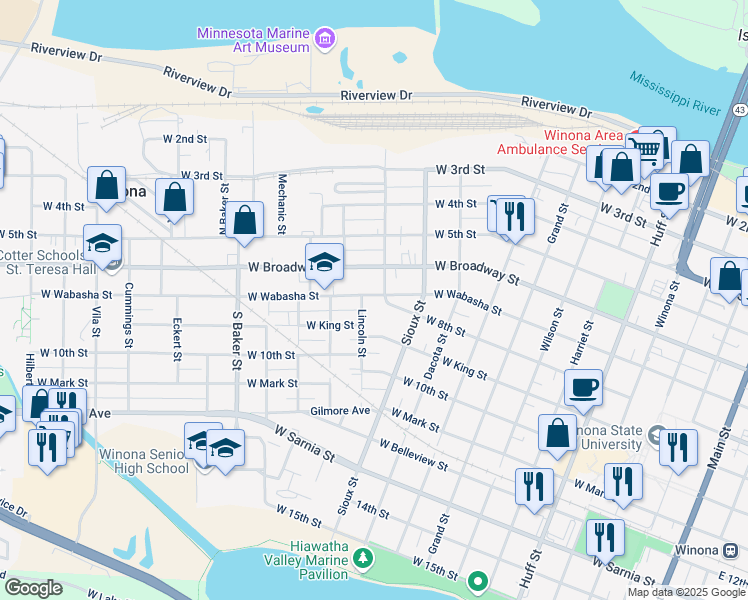 map of restaurants, bars, coffee shops, grocery stores, and more near 661 West Wabasha Street in Winona