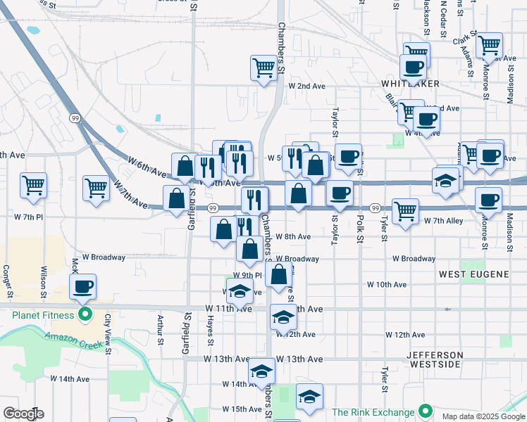 map of restaurants, bars, coffee shops, grocery stores, and more near 1702 West 7th Avenue in Eugene
