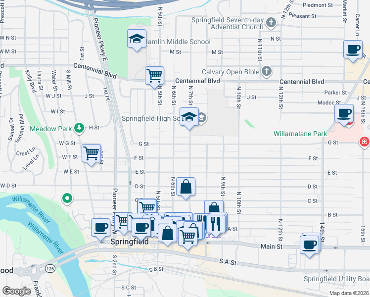 map of restaurants, bars, coffee shops, grocery stores, and more near 655 G Street in Springfield