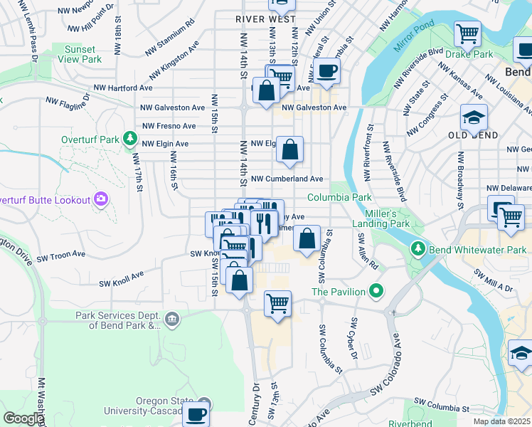 map of restaurants, bars, coffee shops, grocery stores, and more near 1310 Northwest Albany Avenue in Bend