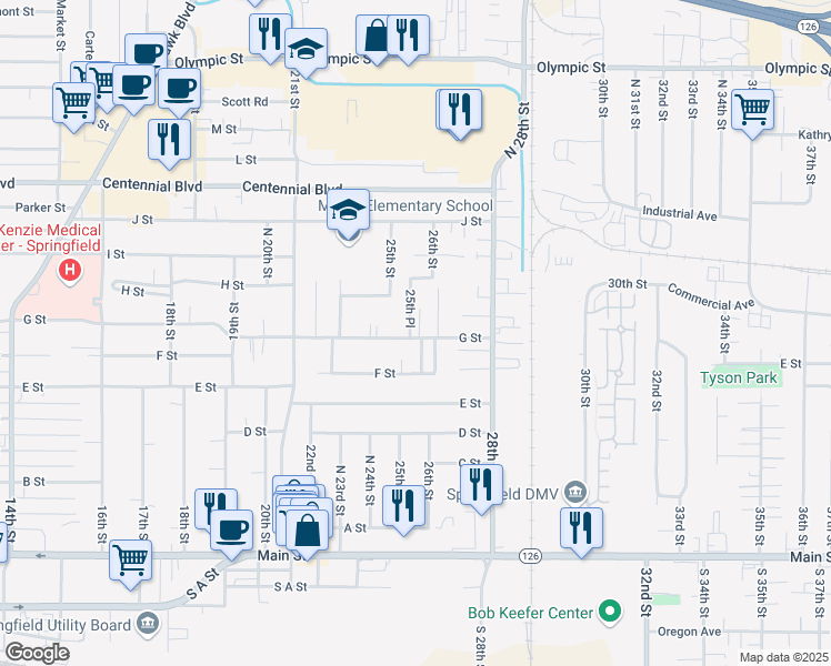 map of restaurants, bars, coffee shops, grocery stores, and more near 2570 G Street in Springfield