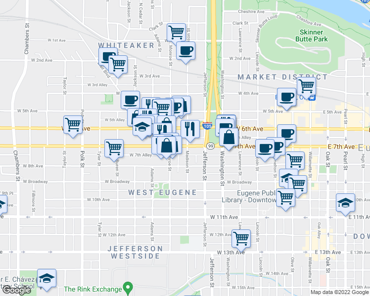 map of restaurants, bars, coffee shops, grocery stores, and more near 730 Madison Street in Eugene