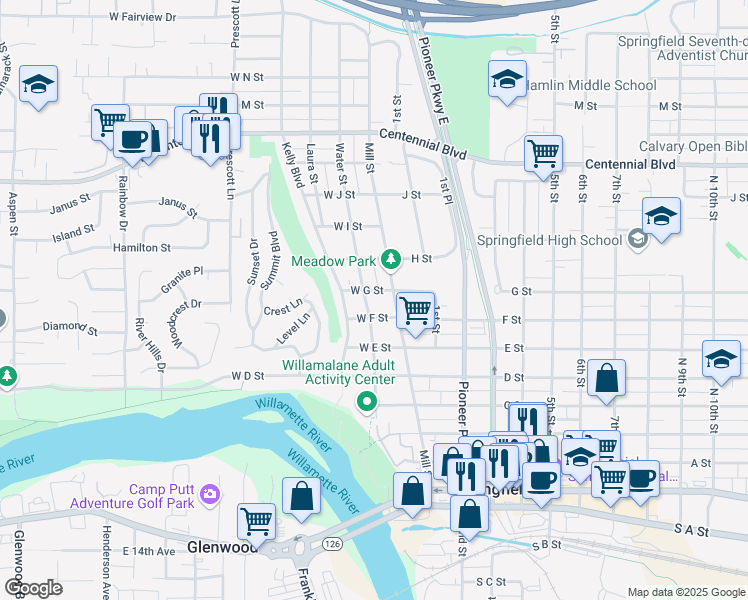 map of restaurants, bars, coffee shops, grocery stores, and more near 767 Water Street in Springfield
