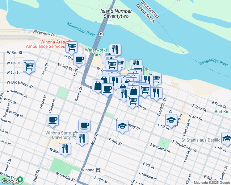 map of restaurants, bars, coffee shops, grocery stores, and more near 172 Main St in Winona