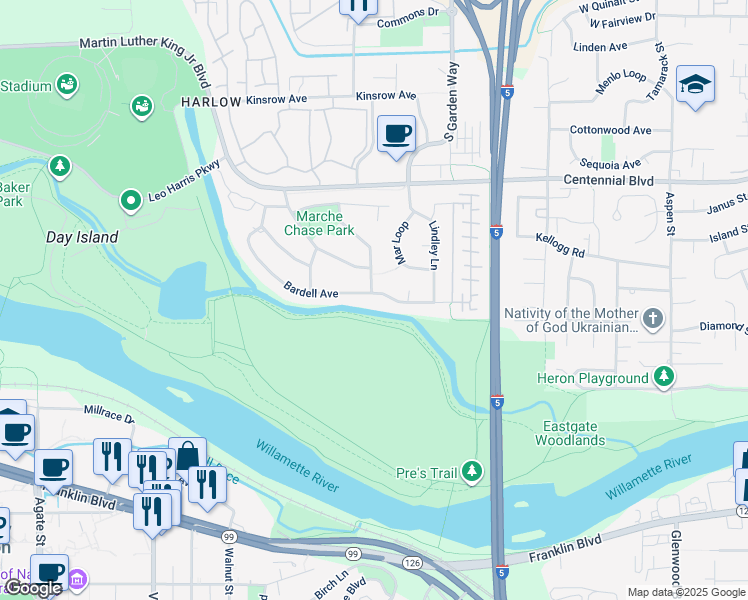 map of restaurants, bars, coffee shops, grocery stores, and more near 3500 Bardell Avenue in Eugene