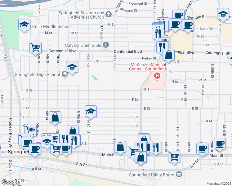 map of restaurants, bars, coffee shops, grocery stores, and more near 767 North 12th Street in Springfield