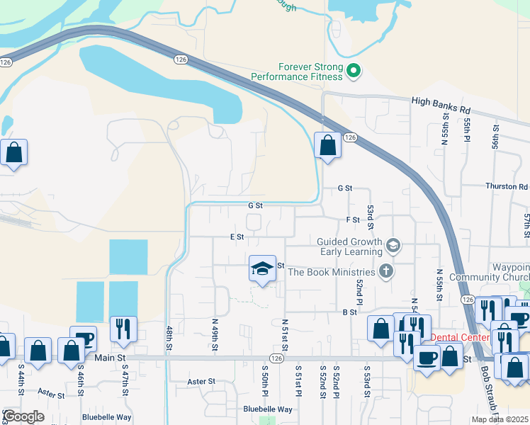 map of restaurants, bars, coffee shops, grocery stores, and more near 5040 E Street in Springfield