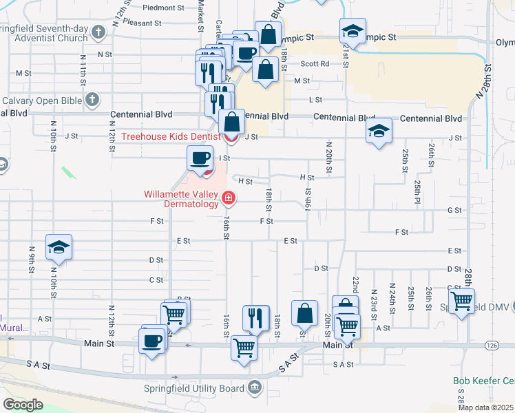 map of restaurants, bars, coffee shops, grocery stores, and more near 1705 G Street in Springfield