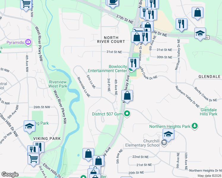 map of restaurants, bars, coffee shops, grocery stores, and more near 2621 4th Avenue Northeast in Rochester