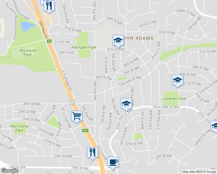 map of restaurants, bars, coffee shops, grocery stores, and more near 1605 Cascade Street Northwest in Rochester