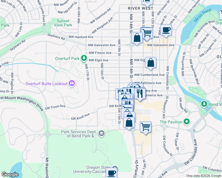 map of restaurants, bars, coffee shops, grocery stores, and more near 1598 Northwest Albany Avenue in Bend
