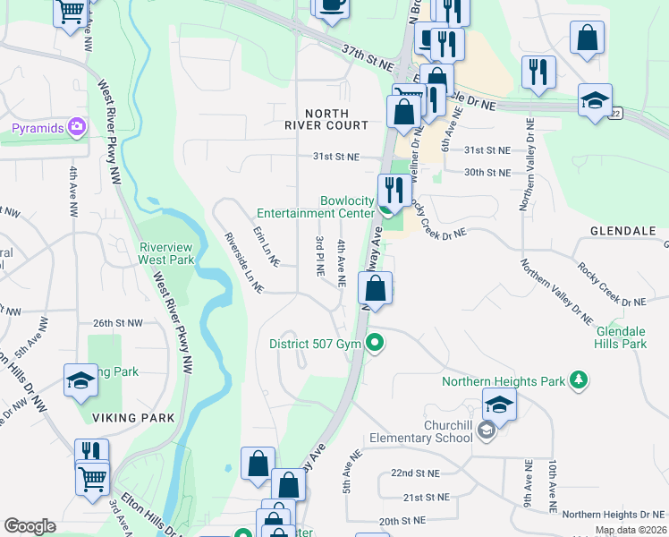 map of restaurants, bars, coffee shops, grocery stores, and more near 2621 4th Avenue Northeast in Rochester