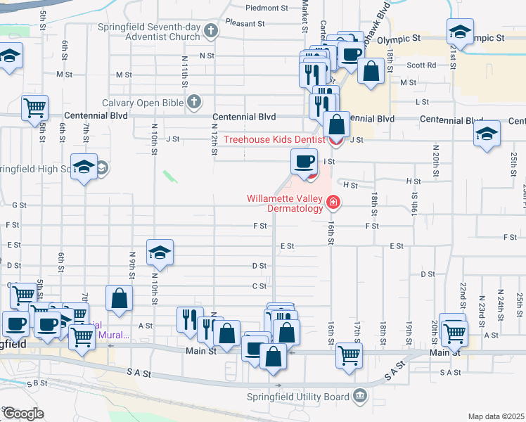 map of restaurants, bars, coffee shops, grocery stores, and more near 1331 G Street in Springfield