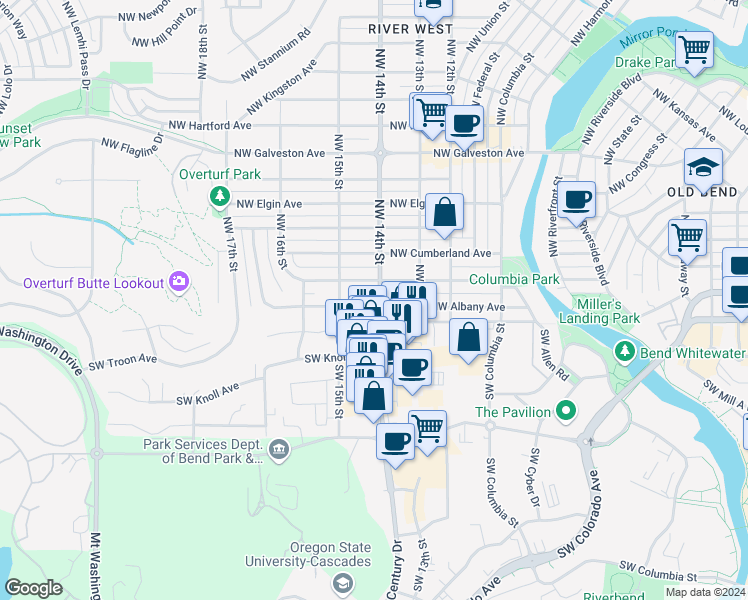 map of restaurants, bars, coffee shops, grocery stores, and more near 1404 Northwest Albany Avenue in Bend