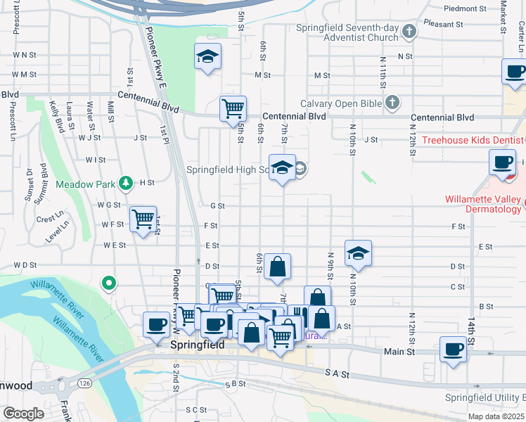 map of restaurants, bars, coffee shops, grocery stores, and more near 745 6th St in Springfield