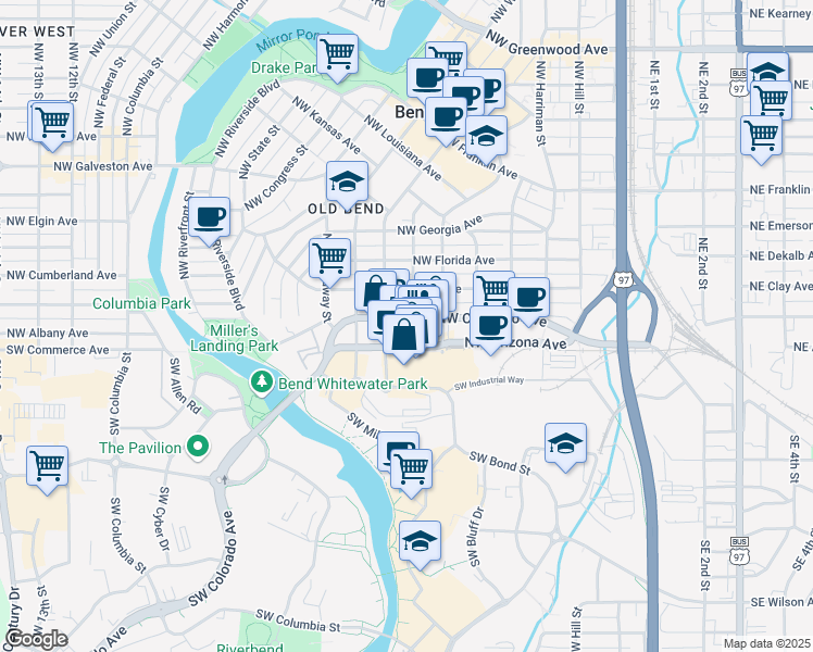 map of restaurants, bars, coffee shops, grocery stores, and more near 613 Northwest Colorado Avenue in Bend