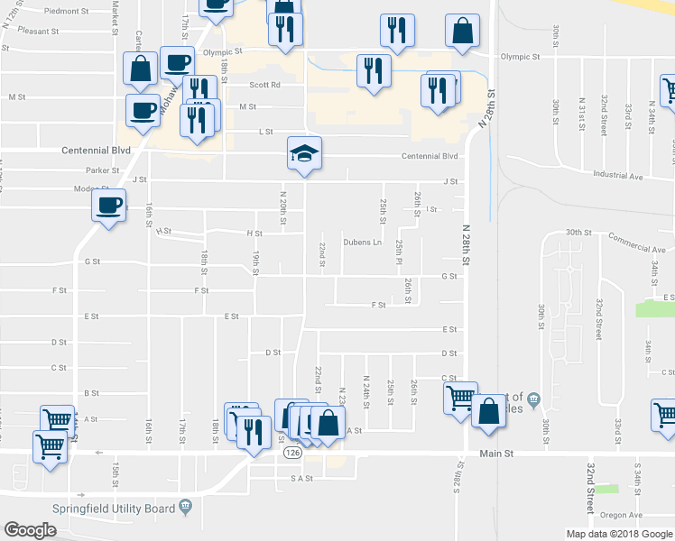 map of restaurants, bars, coffee shops, grocery stores, and more near 2298 G Street in Springfield