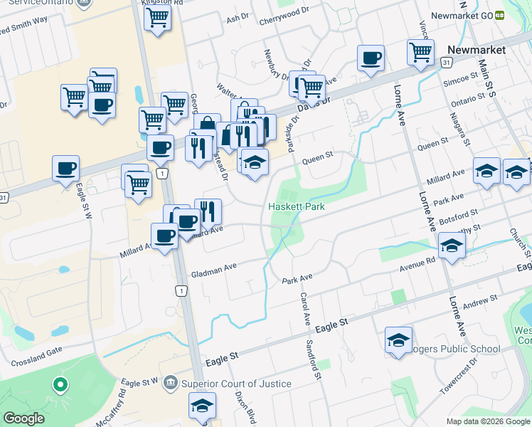 map of restaurants, bars, coffee shops, grocery stores, and more near 98 Queen Street in Newmarket